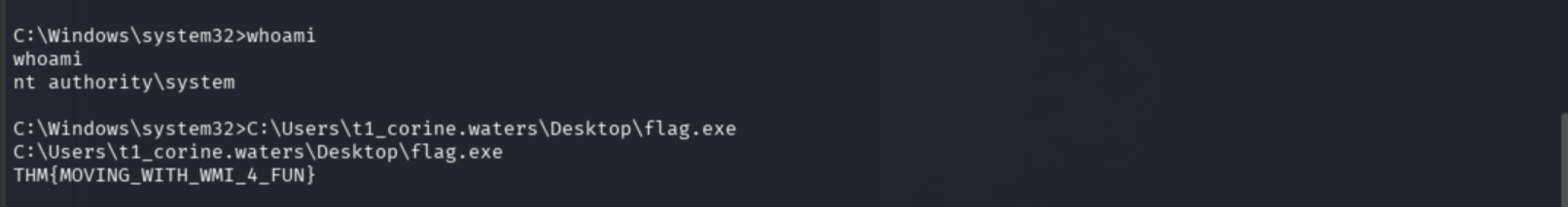 whoami, hostname, and flag.exe output confirming Flag 2 from THMIIS as Corine